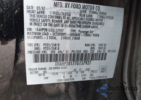 2007 Ford Five Hundred Limited z USA, uszkodzony, nr VIN 1FAHP28177G157927